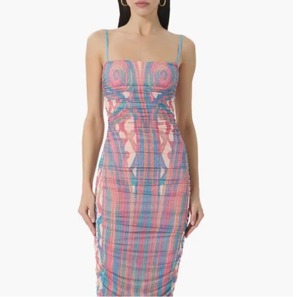 AFRM Hazel Printed Ruched Mesh Midi Dress Size Large NWT - Picture 1 of 7